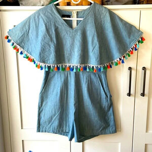 Vintage Nida Rhomper Women's L Lightweight Denim, Tassels V Neck Pockets GUC